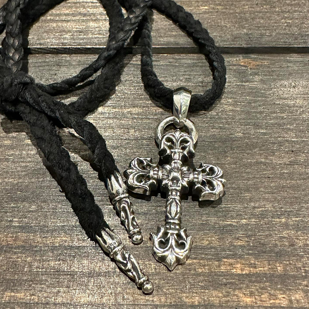 Leather Cord Medium Flame Cross Necklace