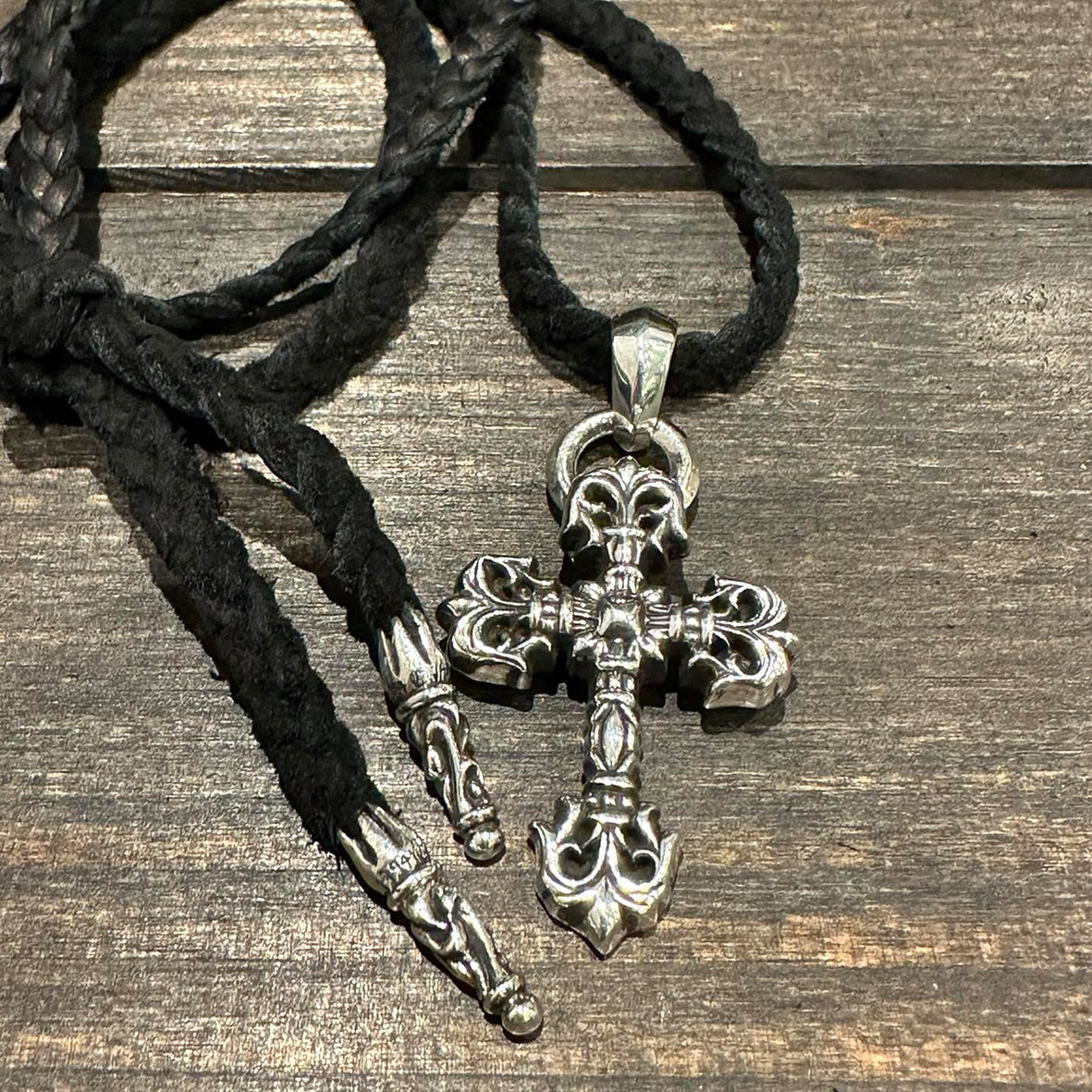 Leather Cord Medium Flame Cross Necklace
